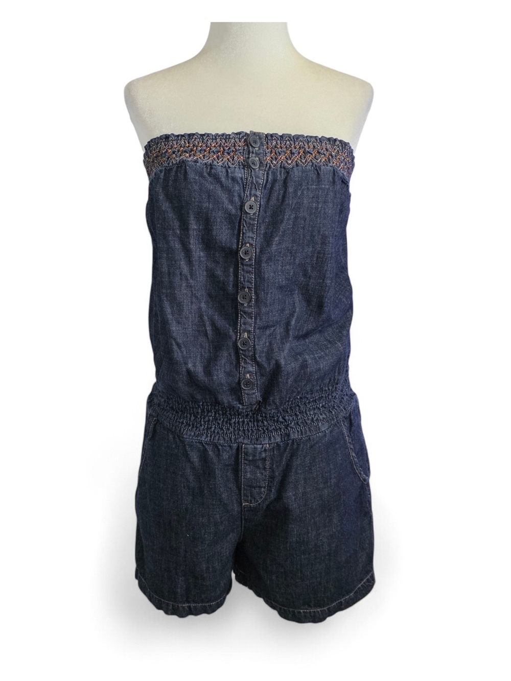 Decree Y2k Stapless Embroidered Dark Wash Denim Romper